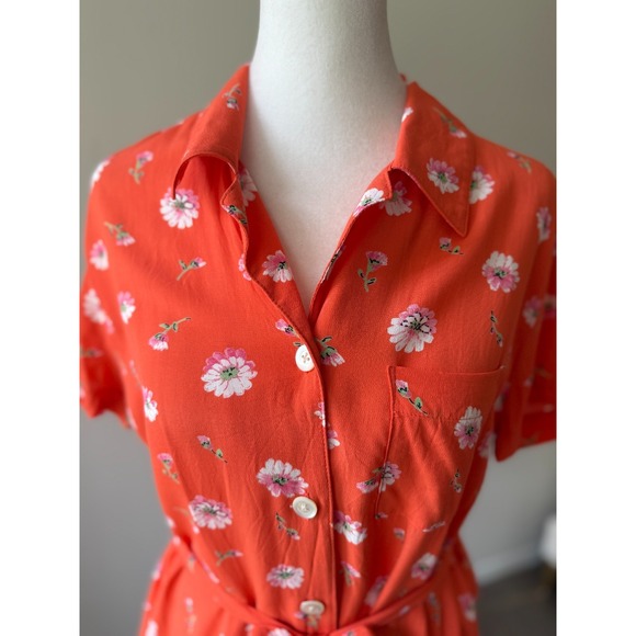 GAP Orange Floral Button Front Shirt Dress‎ S Short Sleeve Belted Rayon Vintage - Picture 6 of 12